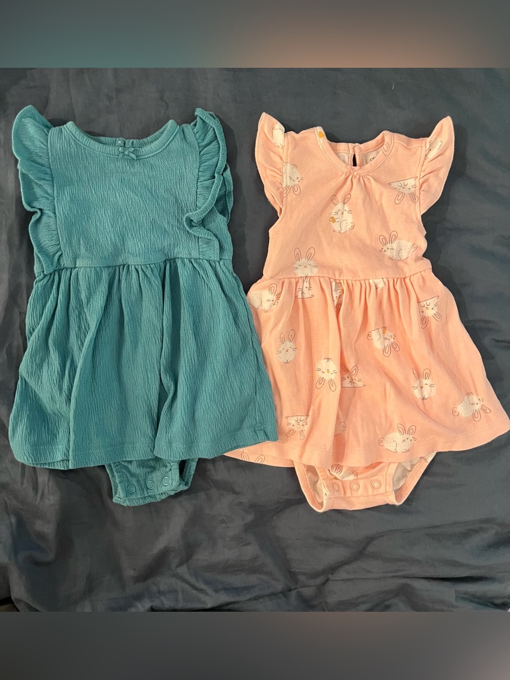 Lot of 2 Carter's Baby Girls 9M Ruffle Accent Textured Bunny Bodysuit Dress Set